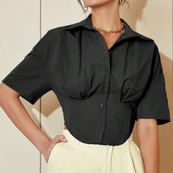 Black Casual Womens Solid Drop Shoulder Button Front Shirt - Picture 5 of 5